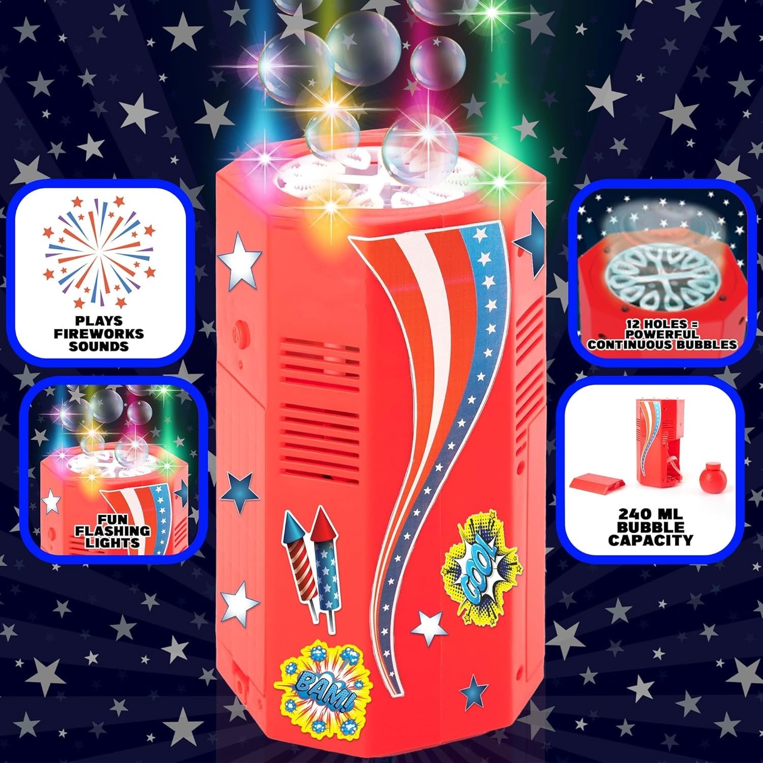 Fireworks Bubble Machine - Electric Bubble Blower with Sound & LEDs - 4th of July Party Supplies