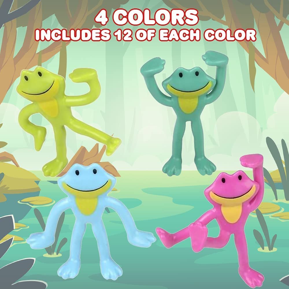Mini Bendable Frog Assortment, Set of 48 Flexible Figures in Assorted Colors, Birthday Party Favors for Boys & Girls, Stress Relief Fidget Toys, Goody Bag Fillers for Kids