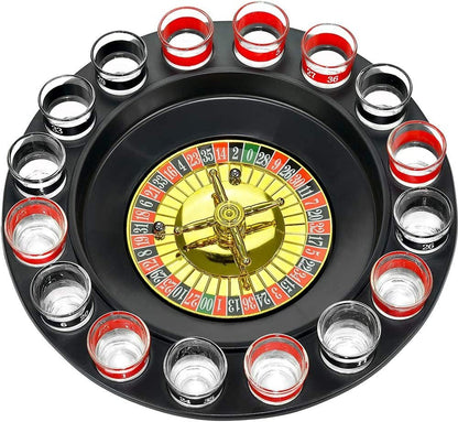 Gamie Roulette Spin and Shot Game, Fun Drinking Games for Adults, Includes 1 Game Wheel and 16 Shot Glasses, and 2 Metal Rolling Balls, Vegas Night Supplies, Great Birthday Gift