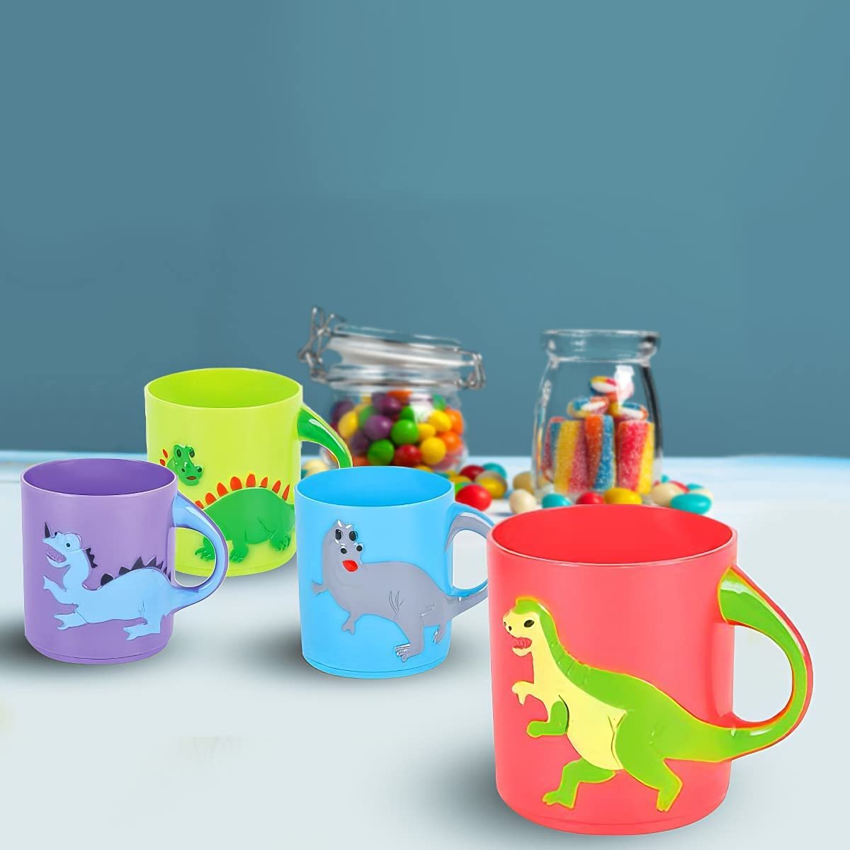 Dinosaur Mugs for Kids, Plastic Dino Cups, Set of 4 - Assorted Colors & Designs