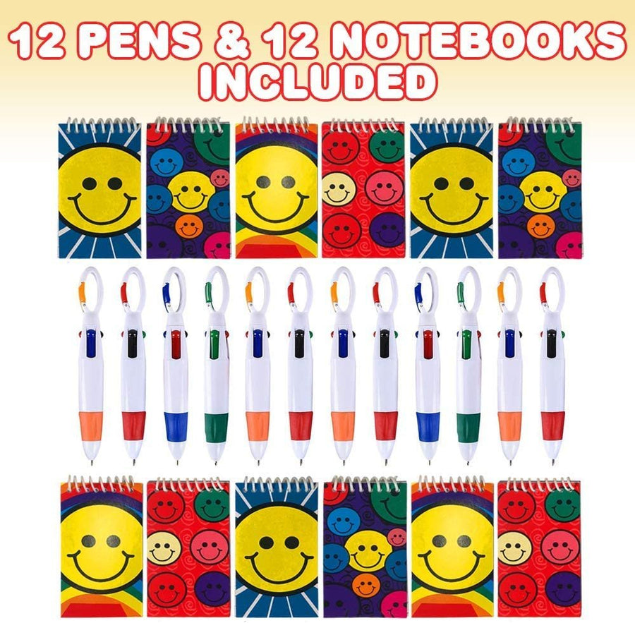 Mini Shuttle Pens & Notebooks Set, Includes 12 Retractable Pens with Carabiner Hook & 12 Smile Face Notepads, 4-in-1 Multicolor Pens, Stationery Supplies, Birthday Party Favors for Kids