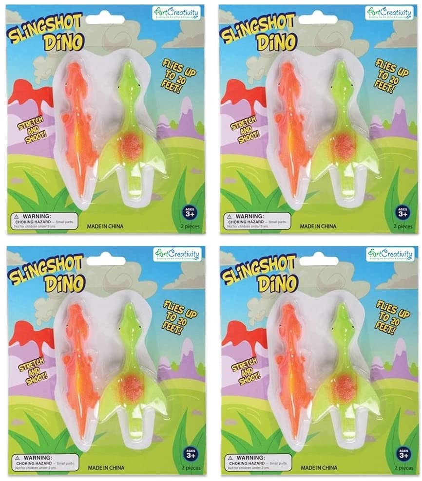 Stretchy Slingshot Dinosaur Toys, 4 Packs with 2 Dinos Each, Sling Shot Dino Toys for Kids, Outdoor Shooting Toys for Boys & Girls, Fun Dinosaur Birthday Party Favors, Goodie Bag Fillers