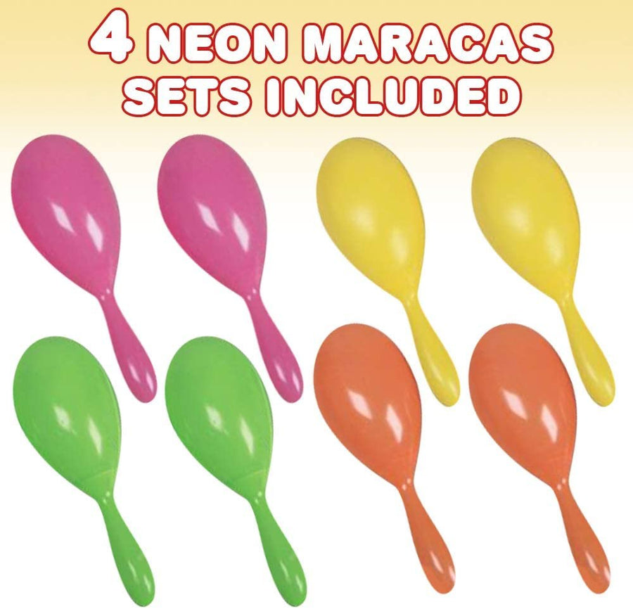 7.5" Plastic Maracas for Kids, 4 Pairs, Neon Music Hand Shakers, Fun Noise Makers and Toy Musical Instruments, Birthday Party Favors, Fiesta Decorations, Goodie Bag Fillers