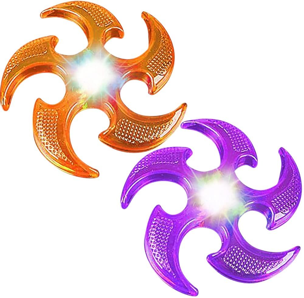 Light Up Ninja Star Flying Discs, Set of 2, Spy Ninja Toys for Boys and Girls with Cool LEDs, Easy-Toss Ninja Stars for Kids, Outdoor Toys for Lawn and Backyard Fun, Orange and Purple