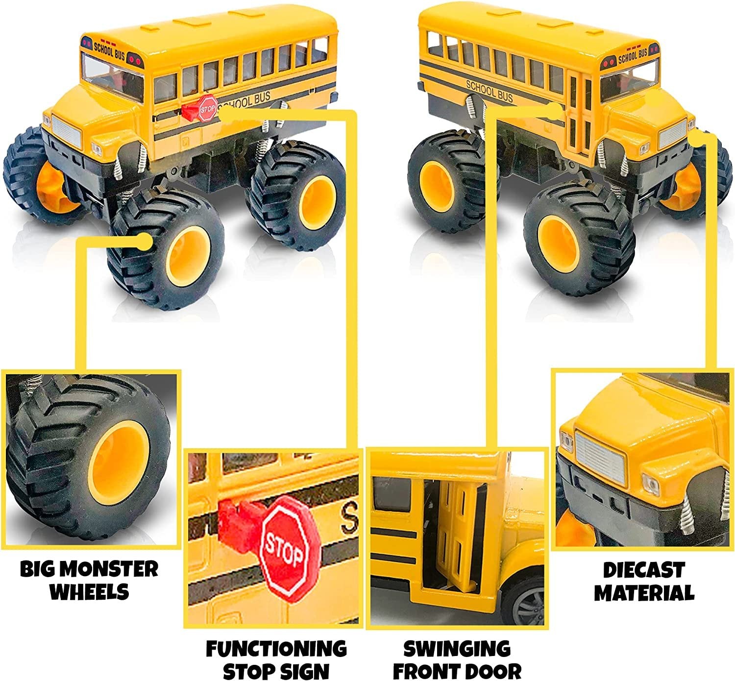 5" Monster School Bus, Super Monster Bus with Pullback Mechanism, Diecast Monster Truck Bus for Kids, Big Wheels Monster Truck Toys, Play Vehicle Gifts for Boys