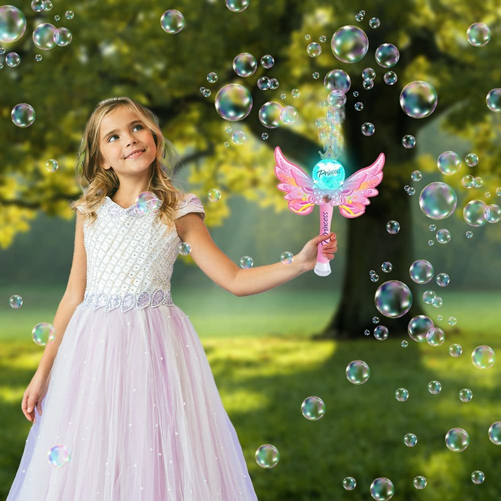Light Up Magic Princess Bubble Blower Wand, 14" Illuminating Bubble Blower Wand with Thrilling LED & Sound Effect, Bubble Fluid Included, Great Gift Idea, Party Favor for Kids