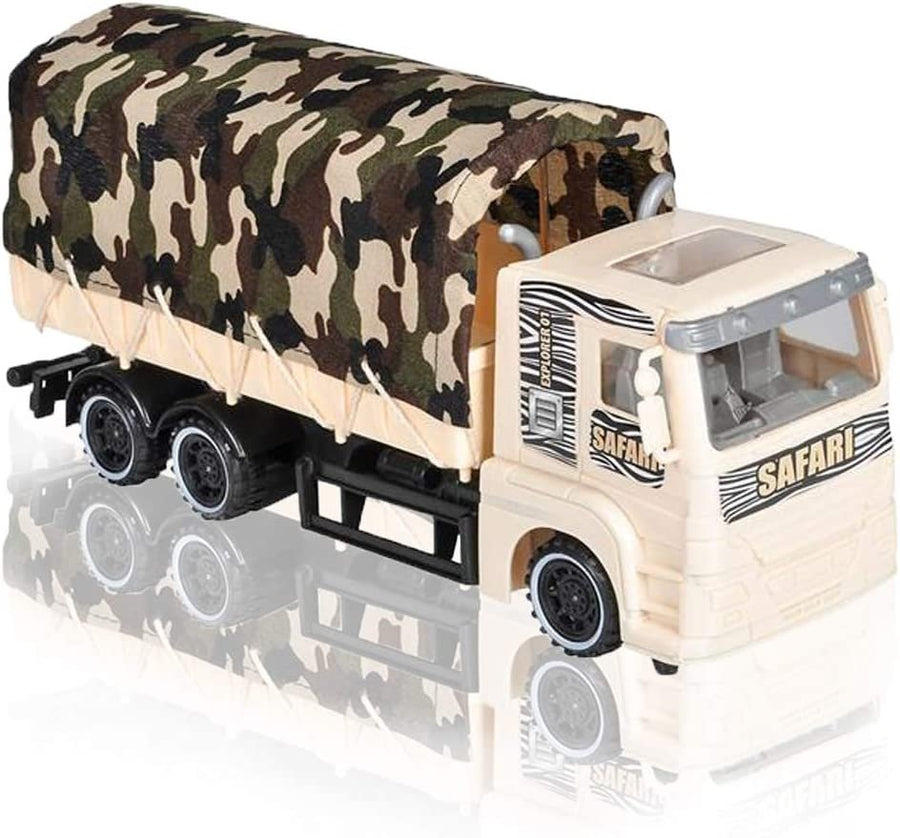 Push and Go Transportation Safari Truck - Unique Animal Figurines Storage - Durable Plastic Truck with Fabric Cover - Best Birthday for Boys and Girls, Carnival Prize