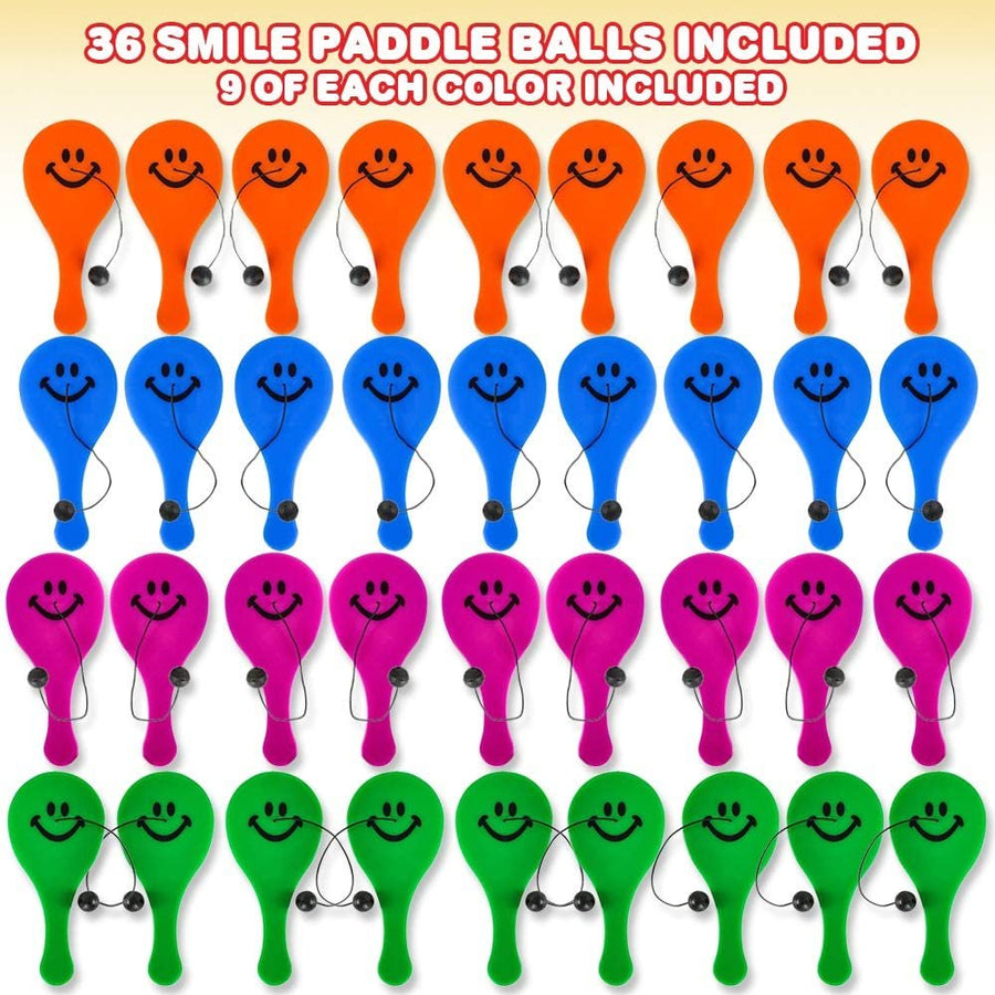 Smile Face Paddle Balls, Pack of 36, Mini 4.5" Plastic Paddleball with String, Assorted Bright Colors, Great Party Favors, Goodie Bag Fillers, Fun Activity Toys for Kids