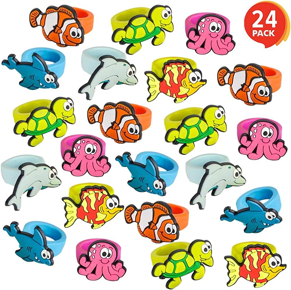 Sea Life Rubber Rings for Kids, Pack of 24, Adorable Kids Jewelry for Little Girls and Boys, Fun Assorted Colors, Skin-Safe Silicon, Ocean Life Party Favors, Goodie Bag Fillers