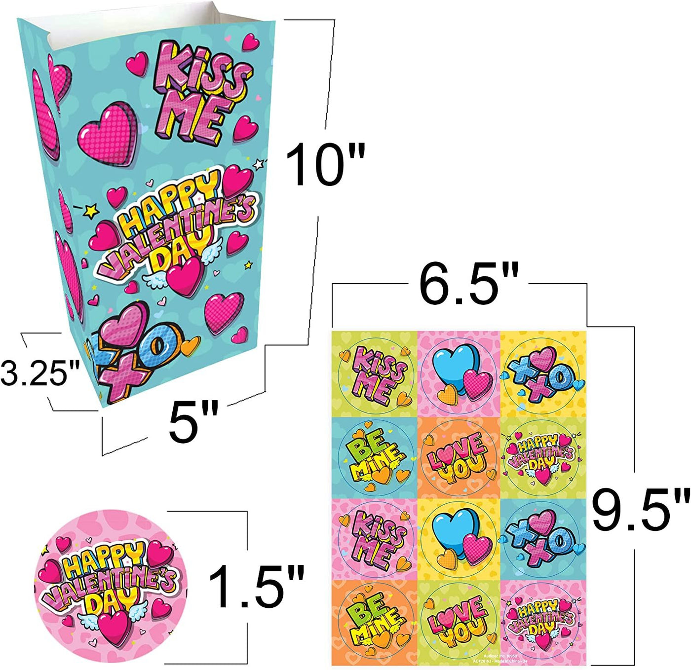10" Valentines Day Treat Bags, Set of 24 Paper Candy Bags & 24 Stickers and More