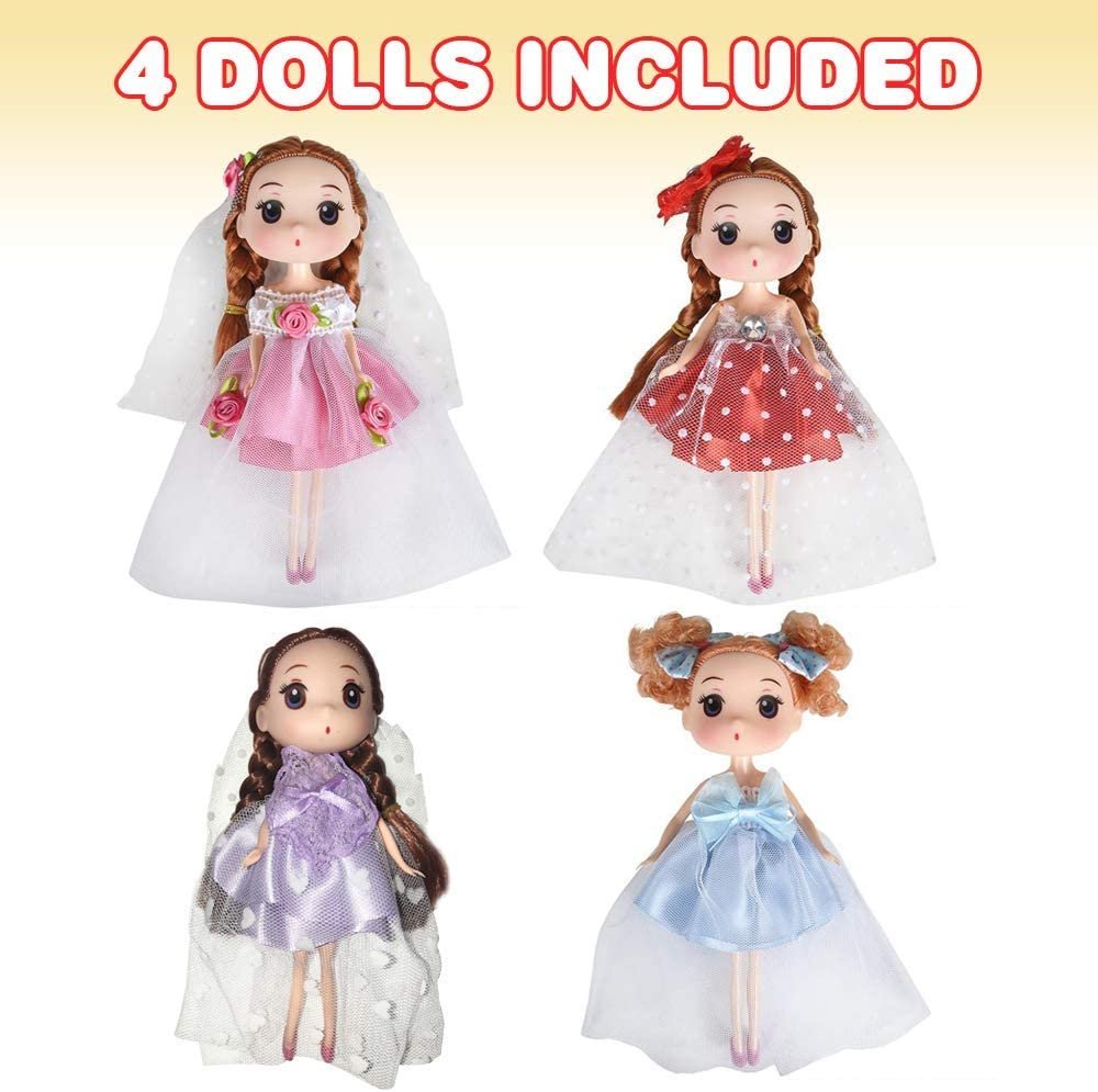 Cute Toy Dolls for Girls, Set of 4, 6.5" Dolls with High Heels, Pretty Dresses, & Hair Accessories, Birthday Party Favors for Girls, Goodie Bag Fillers, Princess & Tea Party Supplies