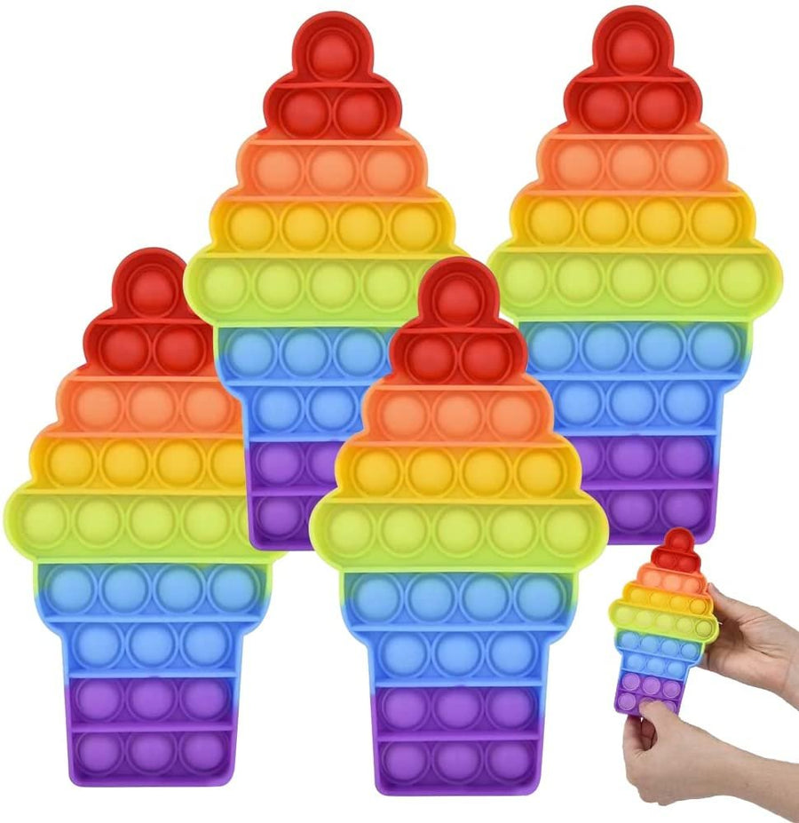 Rainbow Ice Cream Bubble Poppers, Set of 4, Pop It Sensory Fidget Toys, Stress Relief Toys for Boys & Girls, Silicone Push Pop Toys for Kids, Cool Birthday Party Favors