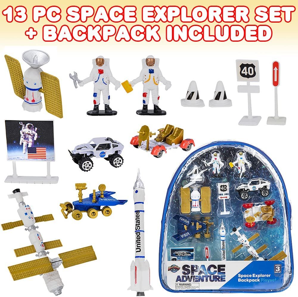 Space Toys Set for Kids, 13-Piece Set with Bag and Assorted Astronaut Toys, Outer Space Backpack for Boys and Girls, Space Shuttle Toys Set for Hours of Imagination