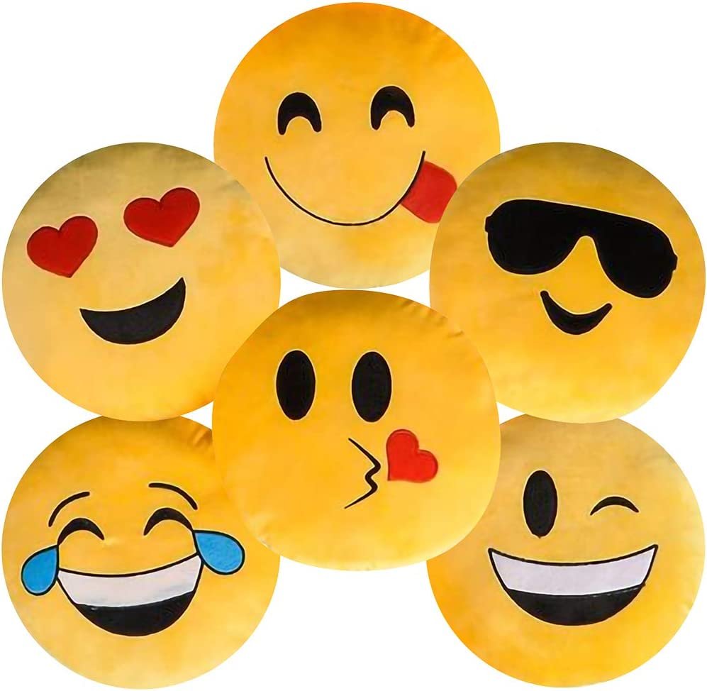 Round Emoticon Pillows, Stuffed Smiley Face Cushions, Assorted 6 Pack