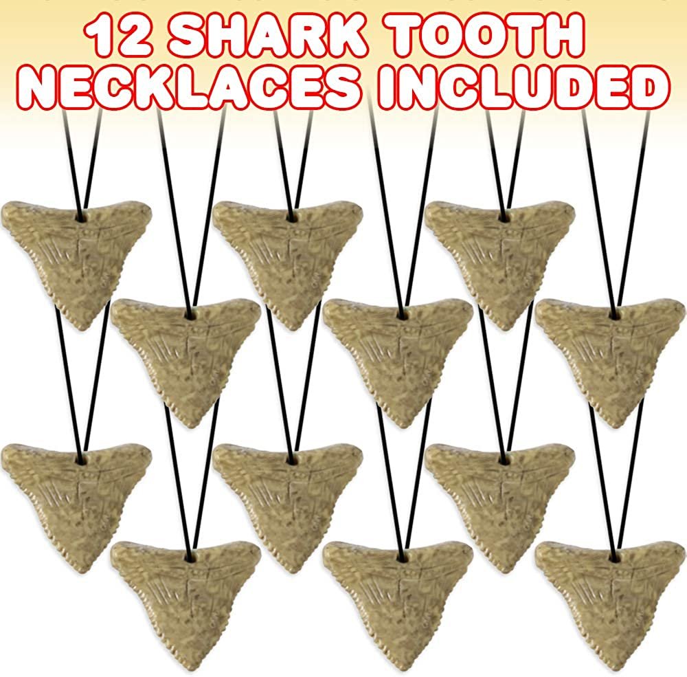 ArtCreativity Prehistoric Shark Tooth Necklaces, Set of 12, Rubber Shark Tooth with a Striking Aged Look, Shark and Dinosaur Party Favors for Kids, Fun Goodie Bag Fillers for Boys and Girls