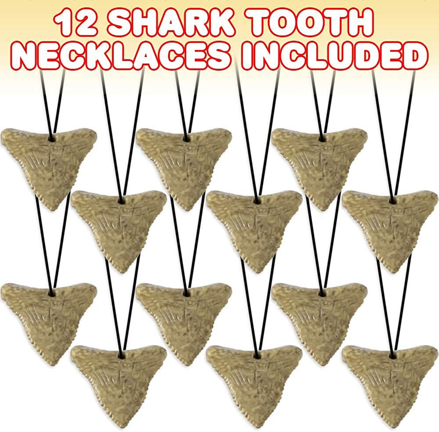 Prehistoric Shark Tooth Necklaces, Set of 12, Rubber Shark Tooth with a Striking Aged Look, Shark and Dinosaur Party Favors for Kids, Fun Goodie Bag Fillers for Boys and Girls