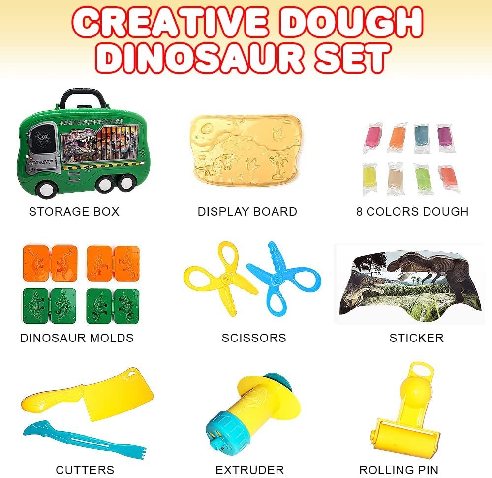 ArtCreativity Dinosaur Theme Modeling Clay Playset on Wheels, Play Dough Activity Kit with 10 Dinosaur Molding Accessories, 8 Dough Colors, & Travel Case, Safe & Non-Toxic for Kids, Great Gift Idea