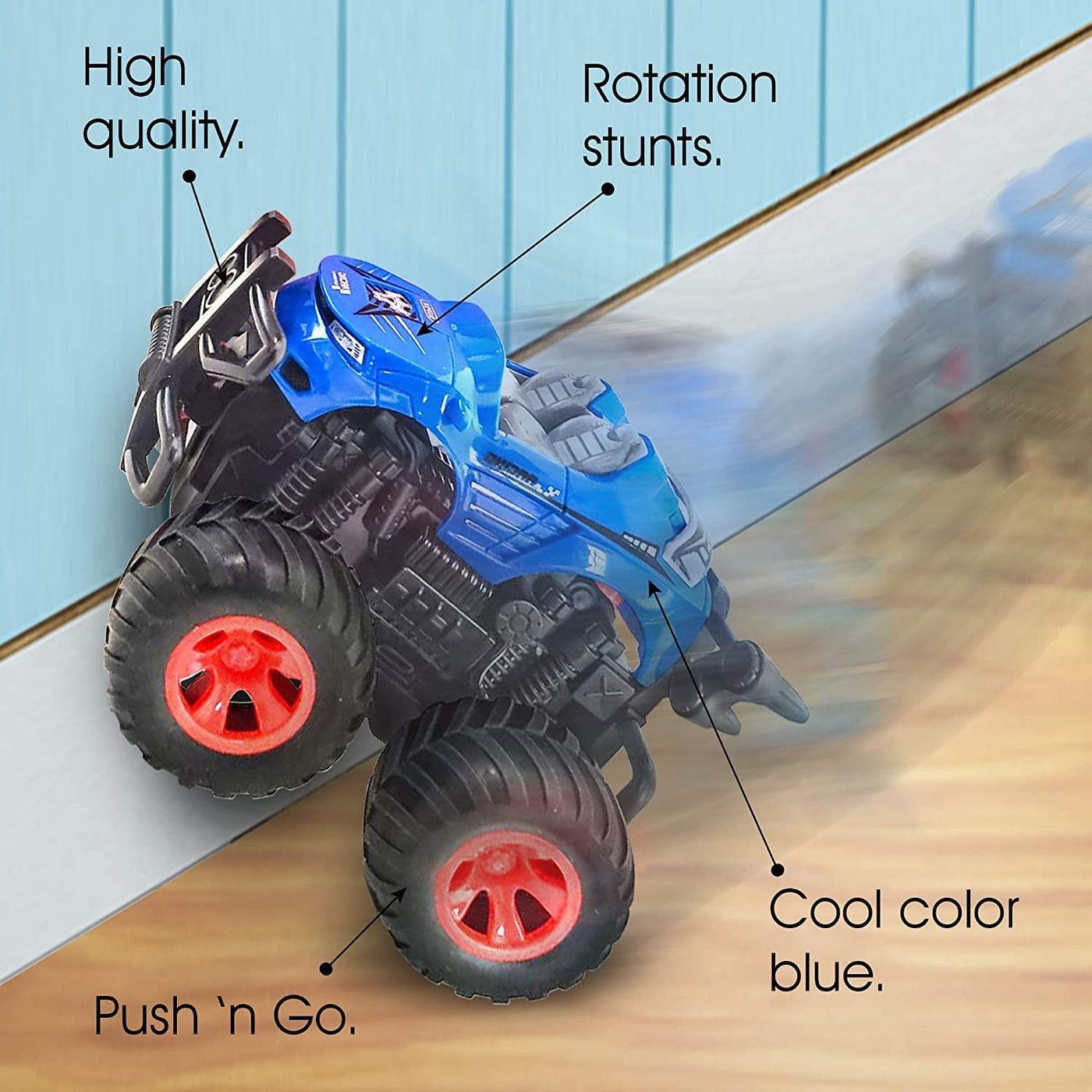 Blue Monster Car for Boys and Girls, Friction Powered Push n Go Monster Toy Car for Kids, Cool and Realistic Design with Big Wheels, Best Birthday Gift for Children Ages 3+