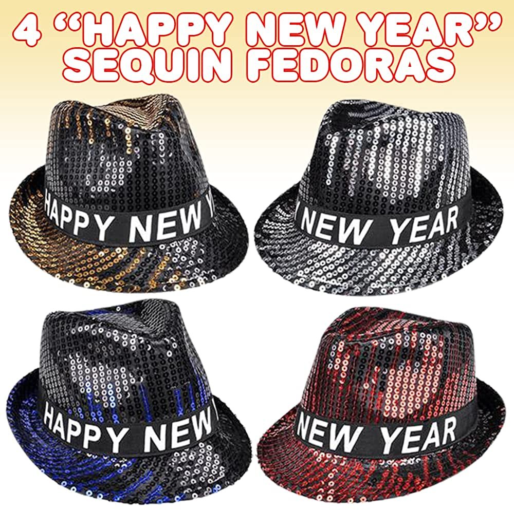 ArtCreativity Happy New Year Sequin Fedoras, Set of 4, New Years Eve Hats for Kids and Adults, New Years Eve Accessories with Shiny Sequins, New Years Photo Props and Party Favors