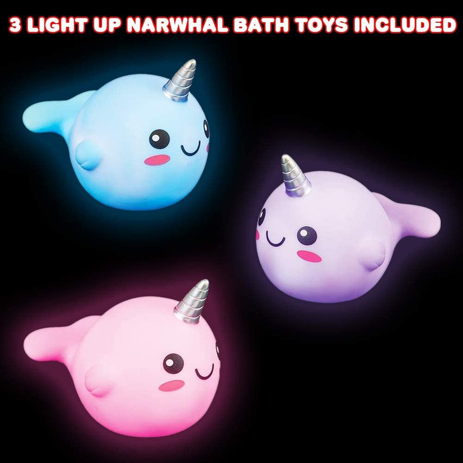 Light Up Narwhal Bath Toys for Kids, Set of 3, Cute Bathtub Toys with Fun LEDs, Bath Tub Toys for Boys and Girls, Cool Narwhal Birthday Party Favors, Goodie Bag Fillers for Children