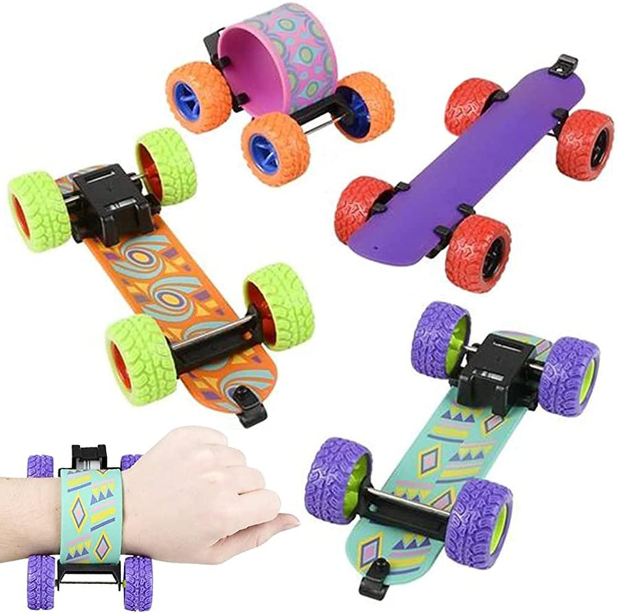 Pull Back Skateboard Slap Bracelets, Set of 4, Skateboard Bracelets for Kids with Pullback Motion, Wristbands for Children in 4 Different Designs, Sports and Skate Board Party Favors