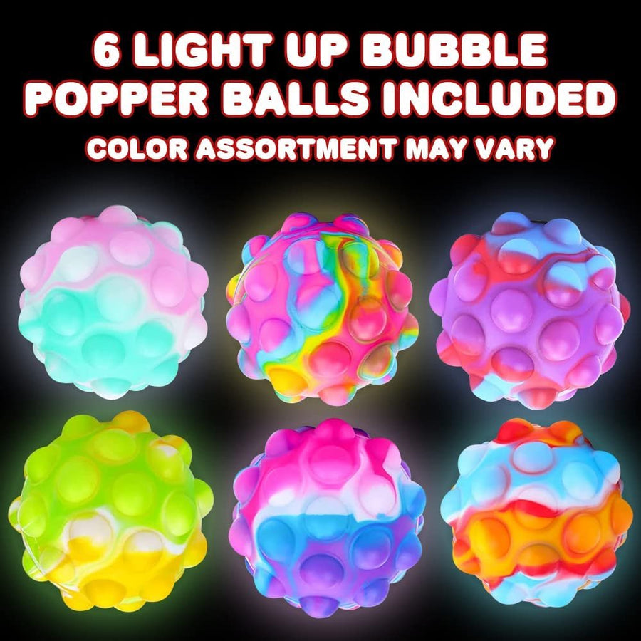 Light Up Bubble Popper Balls, Set of 6, Unique Pop It Fidget Toys with LED Effects, Stress Relief Toys for Kids, Great as Fidget Party Favors and Goodie Bag Stuffers, Assorted Colors