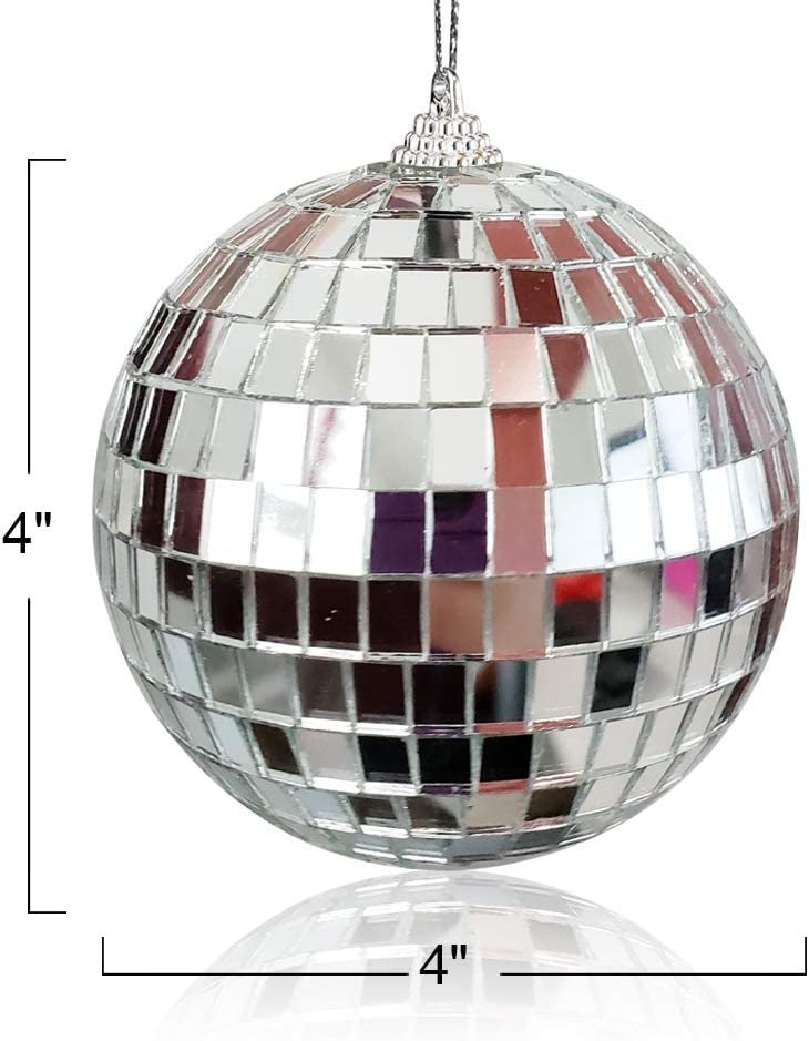 4" Mirror Disco Ball - Silver Disco Ball with Hanging String for Parties, Birthdays, and Weddings - 90’s Disco Party Decorations and Supplies, Ceiling Décor Disco Accessories