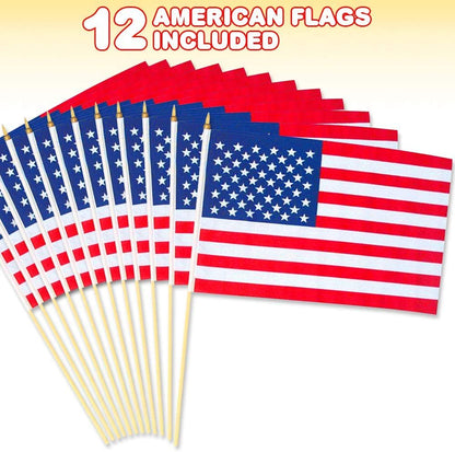 ArtCreativity 12 x 18 Inch USA American Flags on Stick, Pack of 12, Independence Day Fourth of July Decorations, Patriotic Party Favors, Memorial Day Grave Markers, Handheld US Flags