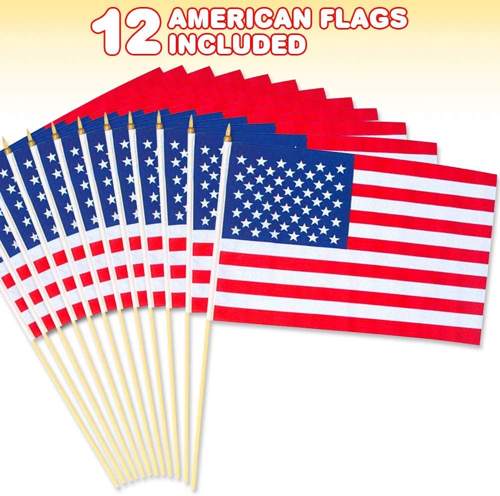 12 x 18" USA American Flags on Stick, Pack of 12, Independence Day Fourth of July Decorations, Patriotic Party Favors, Memorial Day Grave Markers, Handheld US Flags