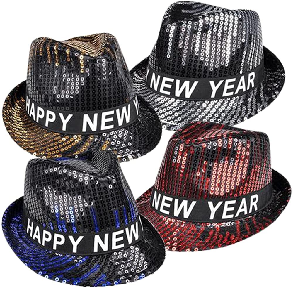 Happy New Year Sequin Fedoras, Set of 4, New Years Eve Hats for Kids and Adults, New Years Eve Accessories with Shiny Sequins, New Years Photo Props and Party Favors