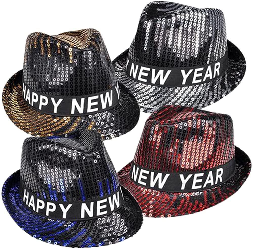 ArtCreativity Happy New Year Sequin Fedoras, Set of 4, New Years Eve Hats for Kids and Adults, New Years Eve Accessories with Shiny Sequins, New Years Photo Props and Party Favors