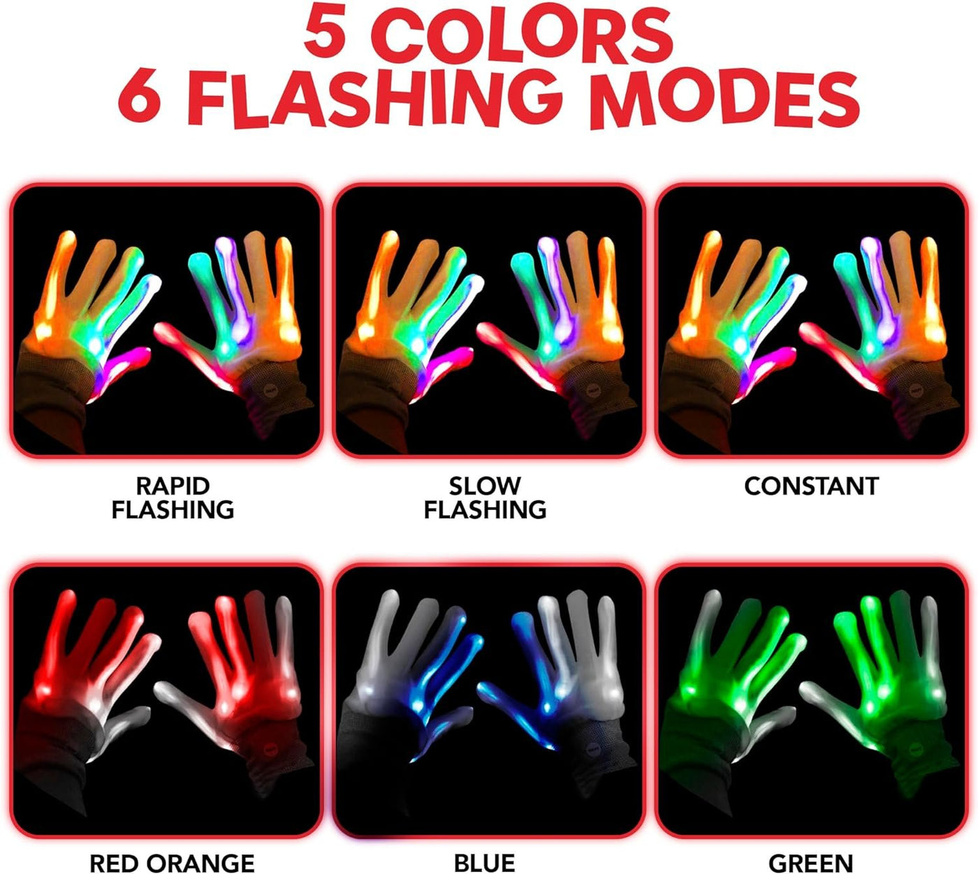 ArtCreativity Led Light Up Gloves for Kids - 1 Pair - Medium Sized Glow in the Dark Gloves with 6 Cool Flashing Modes - Kids Light Up Gloves for Halloween Costumes - Rainbow Party Favors