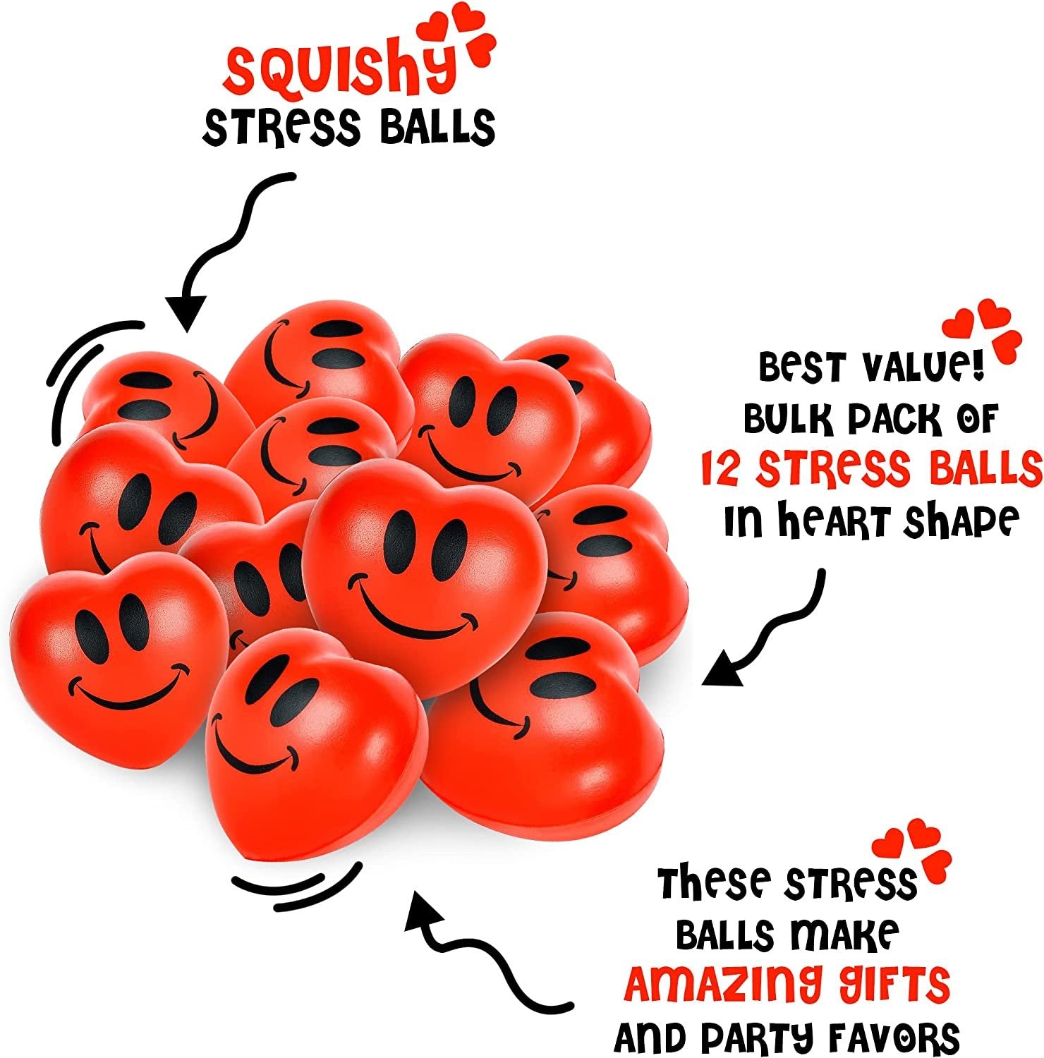 Valentines Heart Shaped Stress Balls - 12-Pack of 2.75" Squishy Heart Fidget Toys for Stress Relief, Heart Shaped Gifts for Adults & Kids, Smile Face Design, Cute Goodie Bag Fillers