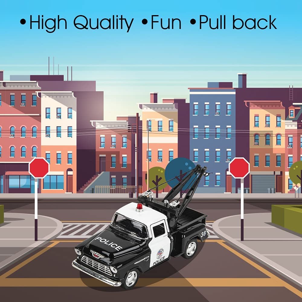 Pull Back Police Tow Truck Toys, Set of 2, Diecast Police Toy Cars with Pullback Motion and Opening Doors, Police Birthday Party Favors, Classroom Prizes, Goody Bag Fillers for Kids