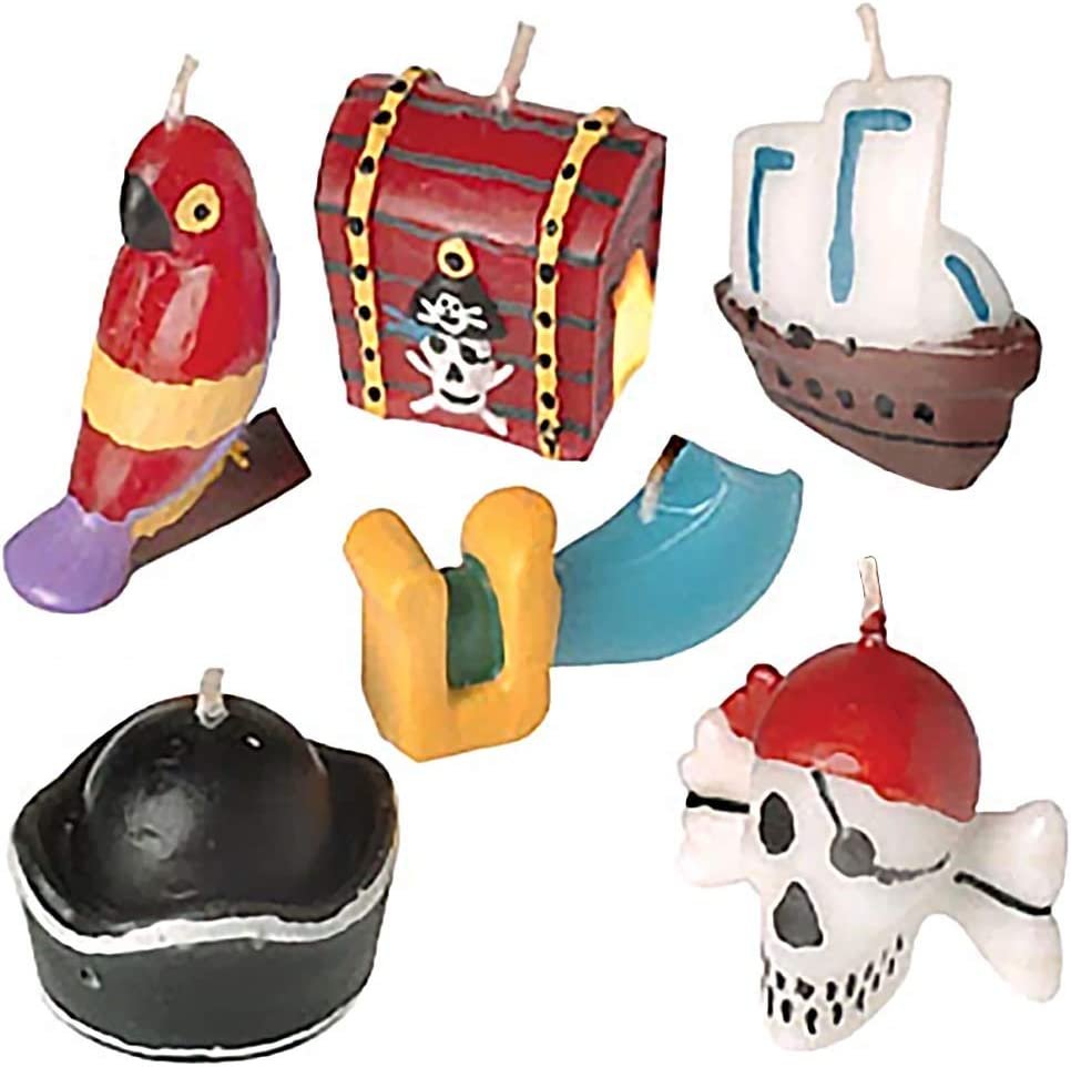 ArtCreativity Pirate Birthday Cake Candles, Set of 6, Assorted Pirate Cake Toppers with Treasure Chest, Sword, Skull, Hat, Ship, and Parrot Candle, Cool Pirate Party Supplies and Decorations