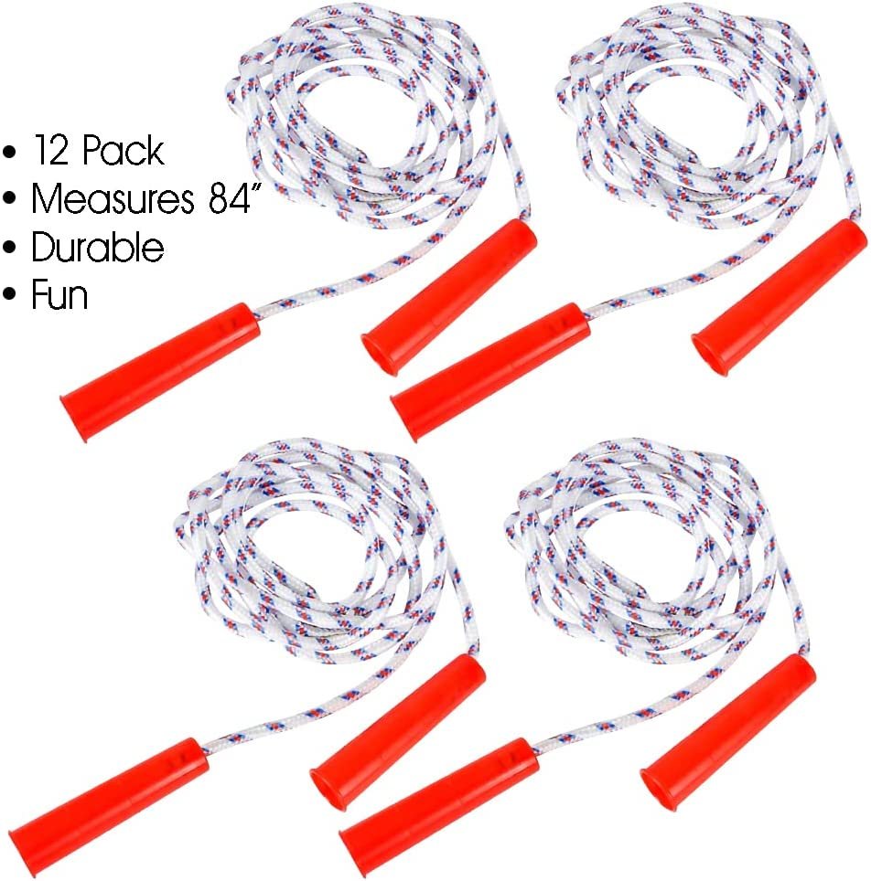 84" Nylon Ropes for Kids - Pack of 12 - Durable Jump Ropes with Plastic Handles - Healthy Indoor and Outdoor Skipping Activity, Party Favors, Gifts for Boys and Girls