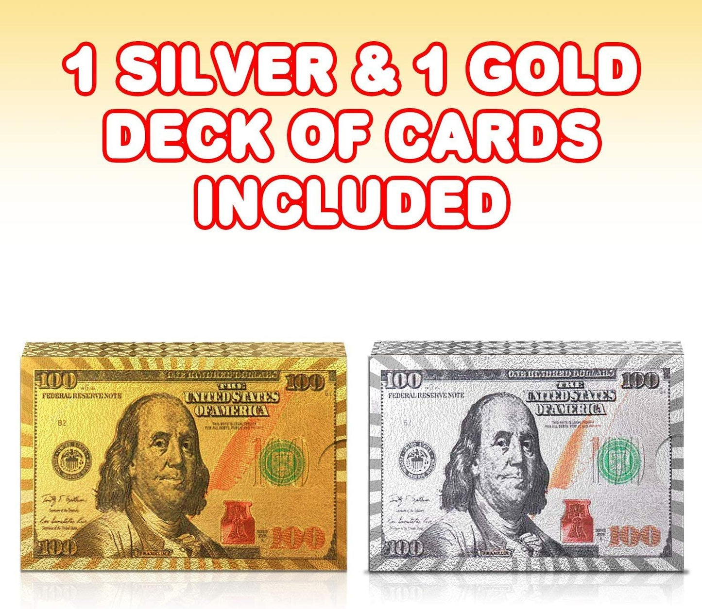 Gamie Silver and Gold $100 Bill Playing Cards, 2 Decks, Waterproof Playing Cards for Kids, Adults and Poker, Vegas Party Decorations, Casino Birthday Party Favors, 3.5 x 2.25 Inches
