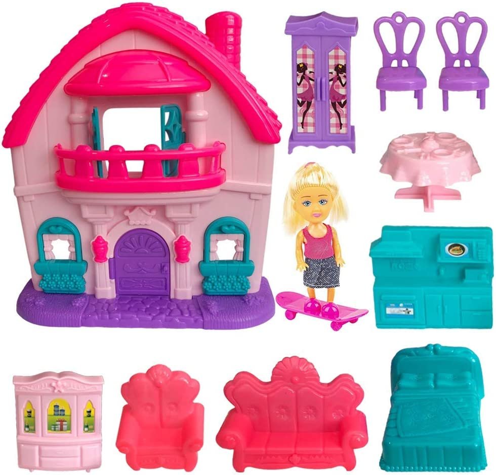 ArtCreativity Doll House Pretend Play Set for Girls, Cute Playset with Dollhouse, Doll, and Dollhouse Accessories and Furniture, Durable Princess Toys, Best Holiday and Birthday Gift for Girls