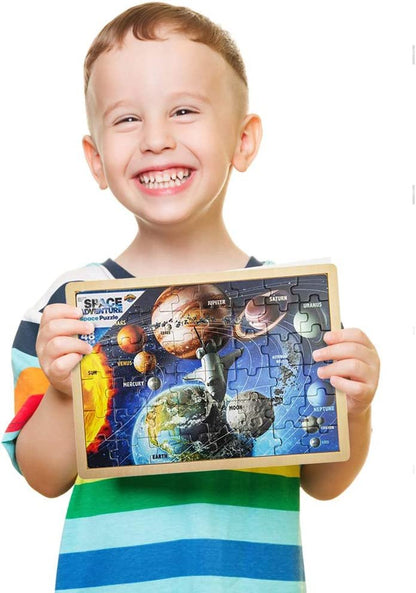 Gamie 48-Piece Wooden Space Puzzle for Kids with Storage Tray, Wood Solar System Puzzle for Boys and Girls, Educational Learning Toys, Best STEM Activities for Children