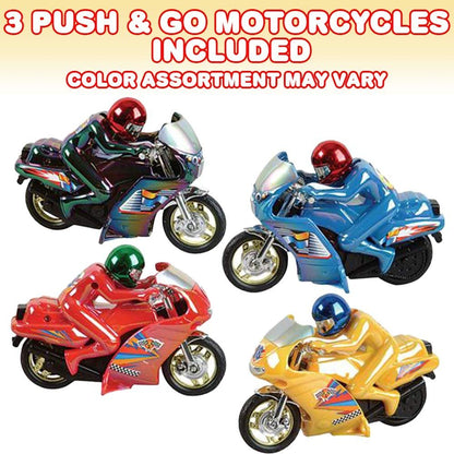 ArtCreativity Motorcycle Toys for Kids, Set of 3, Push and Go Friction Powered Toy Motorbikes, Cool Toys for Boys, Girls, Fun Birthday Party Favors, Unique Cake Toppers, Assorted Colors