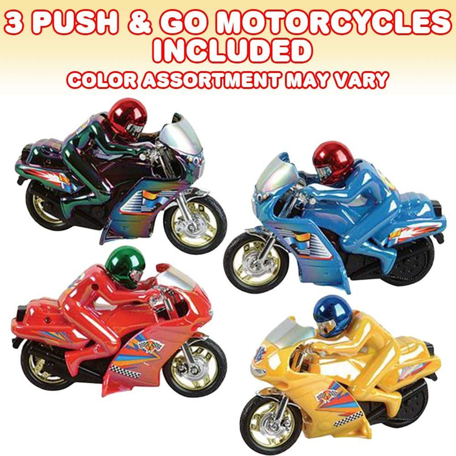 Motorcycle Toys for Kids, Set of 3, Push and Go Friction Powered Toy Motorbikes, Cool Toys for Boys, Girls, Fun Birthday Party Favors, Unique Cake Toppers, Assorted Colors