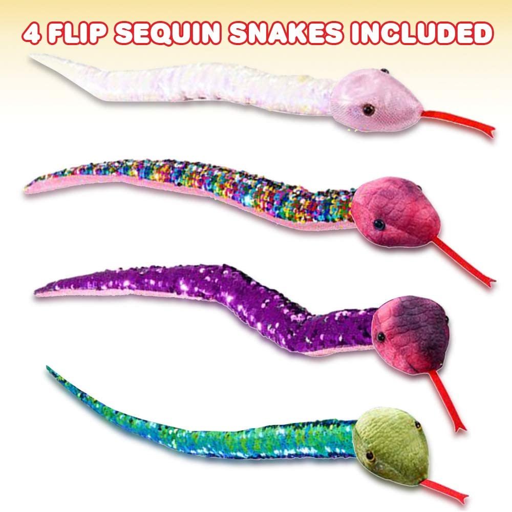 Flip Sequin Snake Toys for Kids, Set of 4, Plush Snakes with Color Changing Sequins, Jungle Party Supplies, Animal Birthday Favors for Boys and Girls, Cute Nursery Décor, 26"es