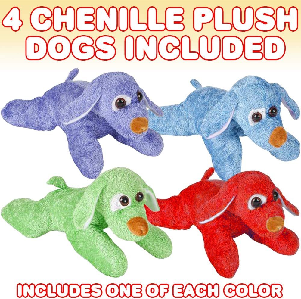 ArtCreativity Chenille Plush Dog Toys for Kids, Set of 4, Soft and Cuddly Soft Stuffed Toys, Animal Party Favors for Kids, Dog Party Supplies, Cute Nursery Decorations for Boys and Girls, 4 Colors