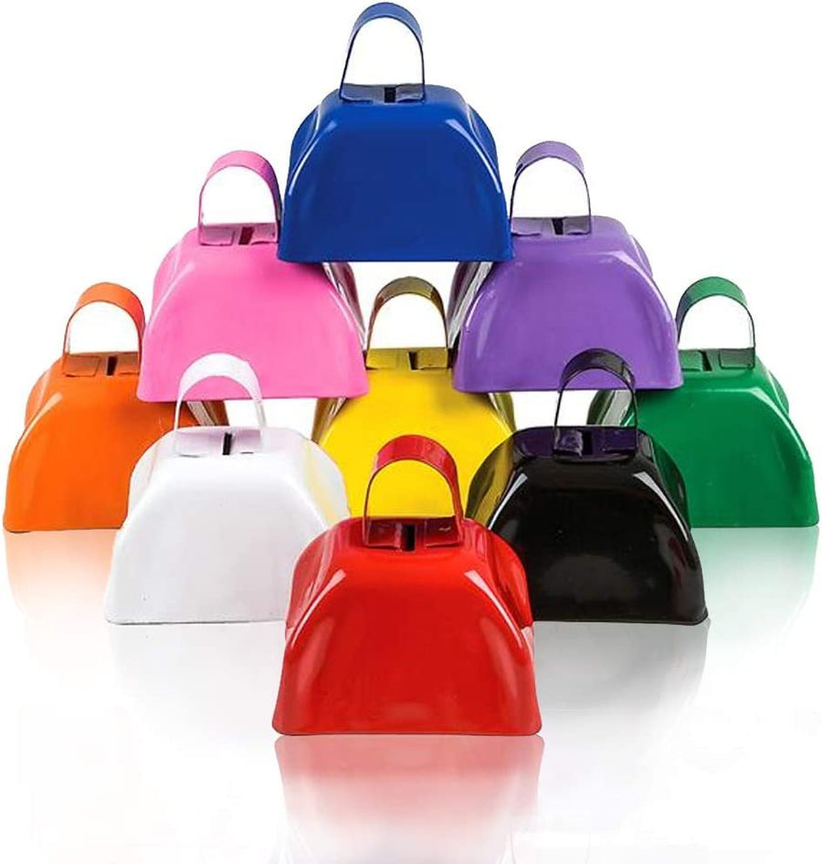3" Metal Cow Bell Noise Maker - Pack of 12 - Small Loud Metal Cowbell Noisemaker with Handle - Great for Football Games, Sporting Events, Weddings, New Year’s - Kids and Adults Prize