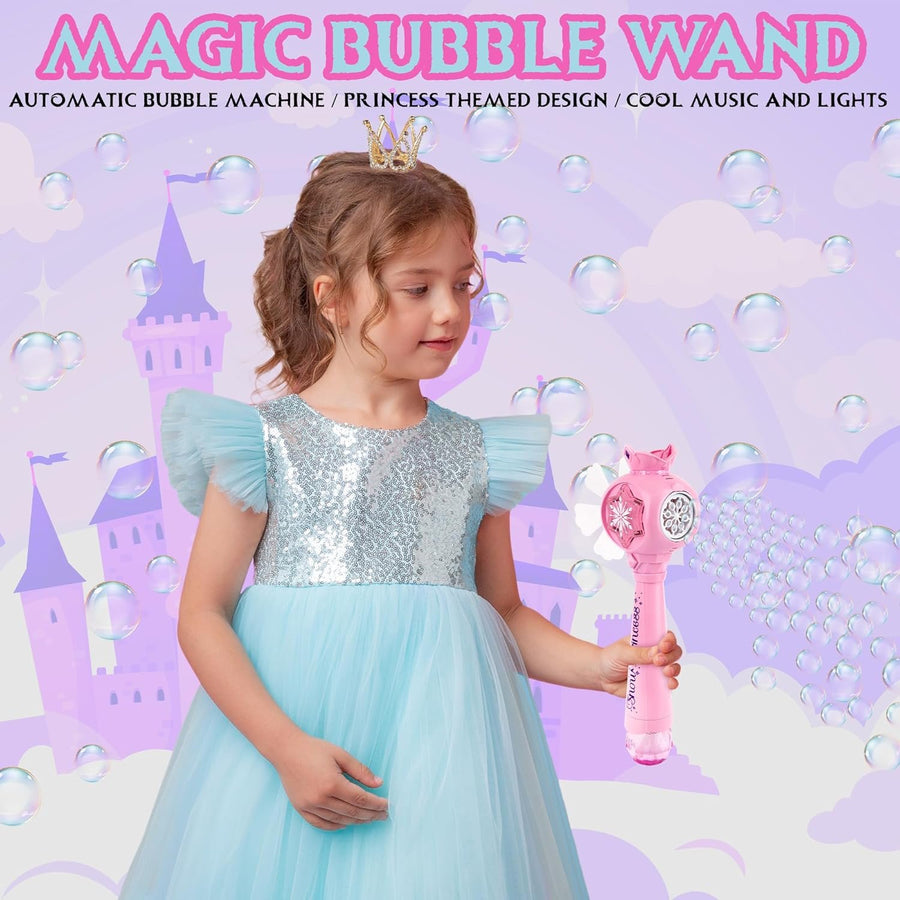 ArtCreativity Light Up Princess Magic Bubble Blower Wand with Detachable Windmill, Princess Wand for Girls with 2 Bottles of Bubble Solution, LED Effects, & Music, Fun Pretend Play Prop, Birthday Gift