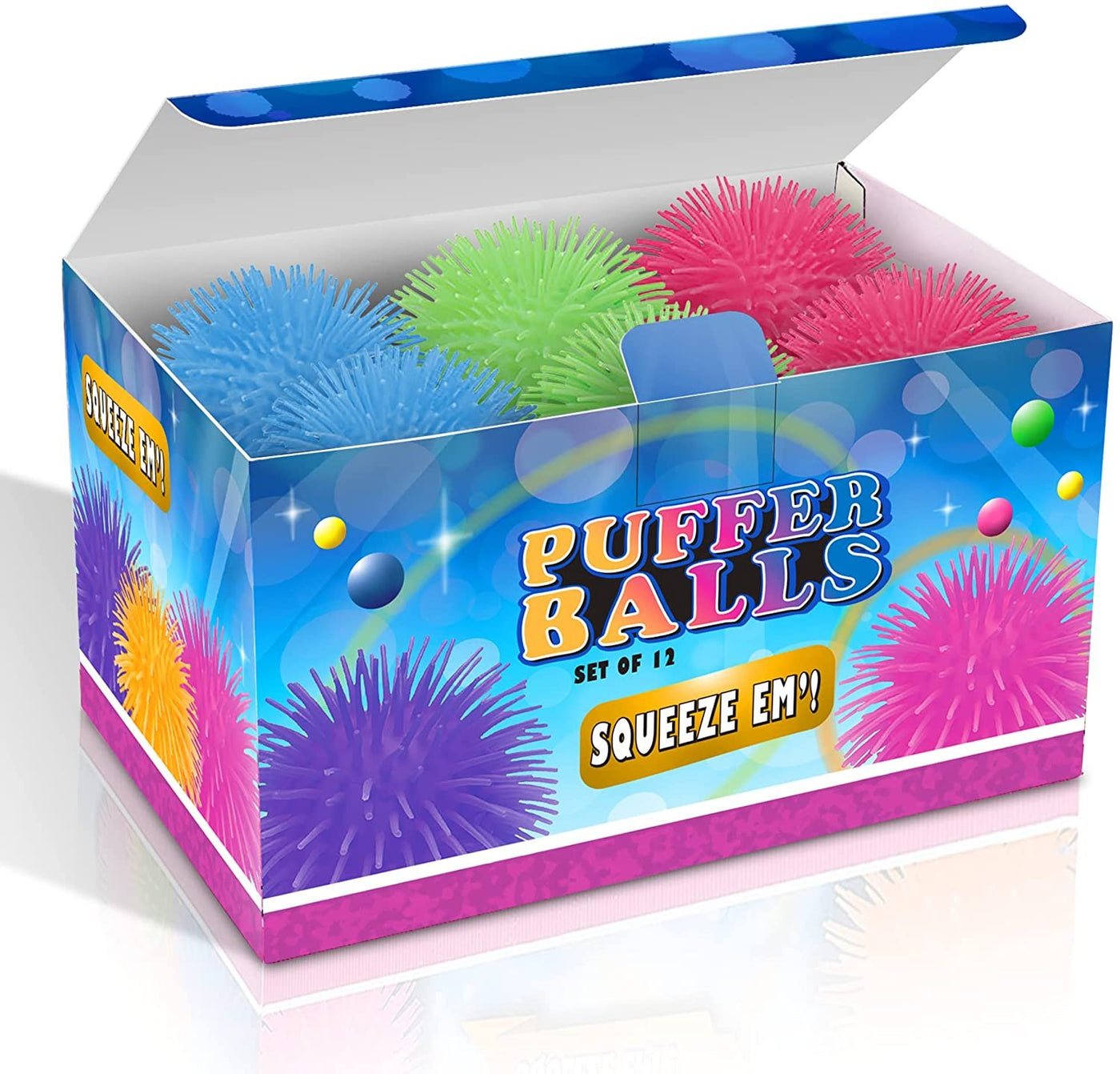 Puffer Balls - Pack of 12 - Spiky, Soft and Squeeze Stress Relief Balls for Kids and Adults - Calming Sensory Balls for Autistic Children, Birthday Party Favors for Boys and Girls