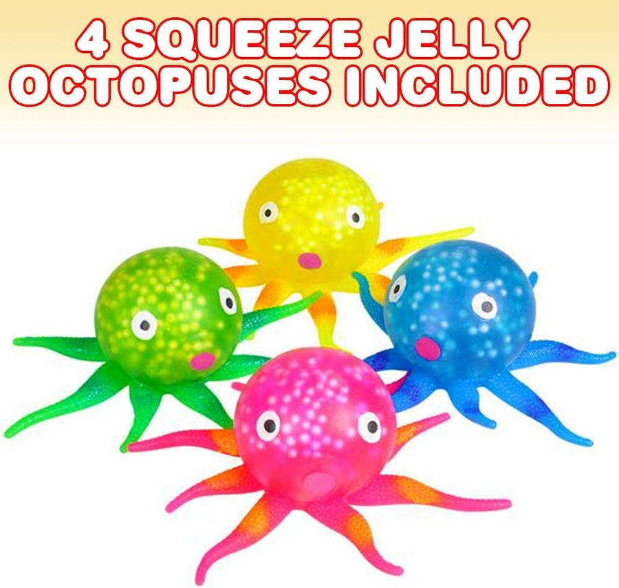 Squeeze Jelly Octopus, Set of 4, Stress Relief Toys for Kids and Adults, Underwater Party Supplies, Fun Aquatic Birthday Party Favors, Relaxing Sensory Toys for Autism, 4 Colors