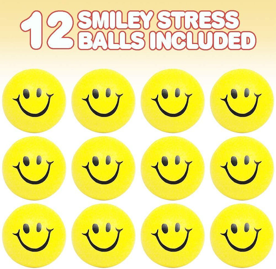 Smile Face Stress Balls for Kids and Adults - Pack of 12 - 2" Spongy Squeeze Toys for Anxiety Relief - Fun Birthday Party Favors and Goodie Bag Fillers for Boys and Girls