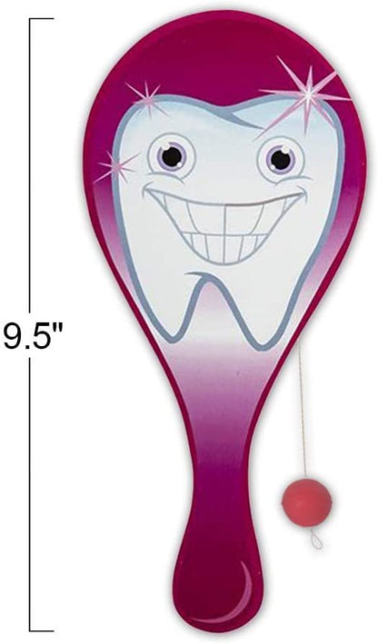 ArtCreativity Tooth Paddle Balls, Pack of 12, 9.5 Inch Wooden Paddleball with String, Assorted Bright Colors, Great Party Favors, Goodie Bag Fillers, Fun Activity Toys for Kids, Dental Toys Giveaways