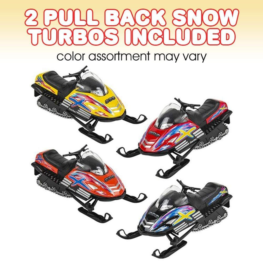 Pull Back Diecast Snow Turbo Toys, Set of 2, Mini Snowmobile Toys for Boys and Girls, Durable Diecast Metal, Fun Birthday Party Favors, Gifts, and Cake Toppers, Colors May Vary